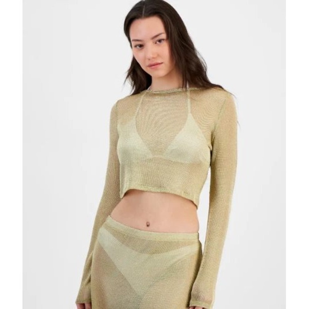 Miken Swim Metallic Mesh Cover Up Crop Top Women Small Gold Sheer Resort‎ NWD